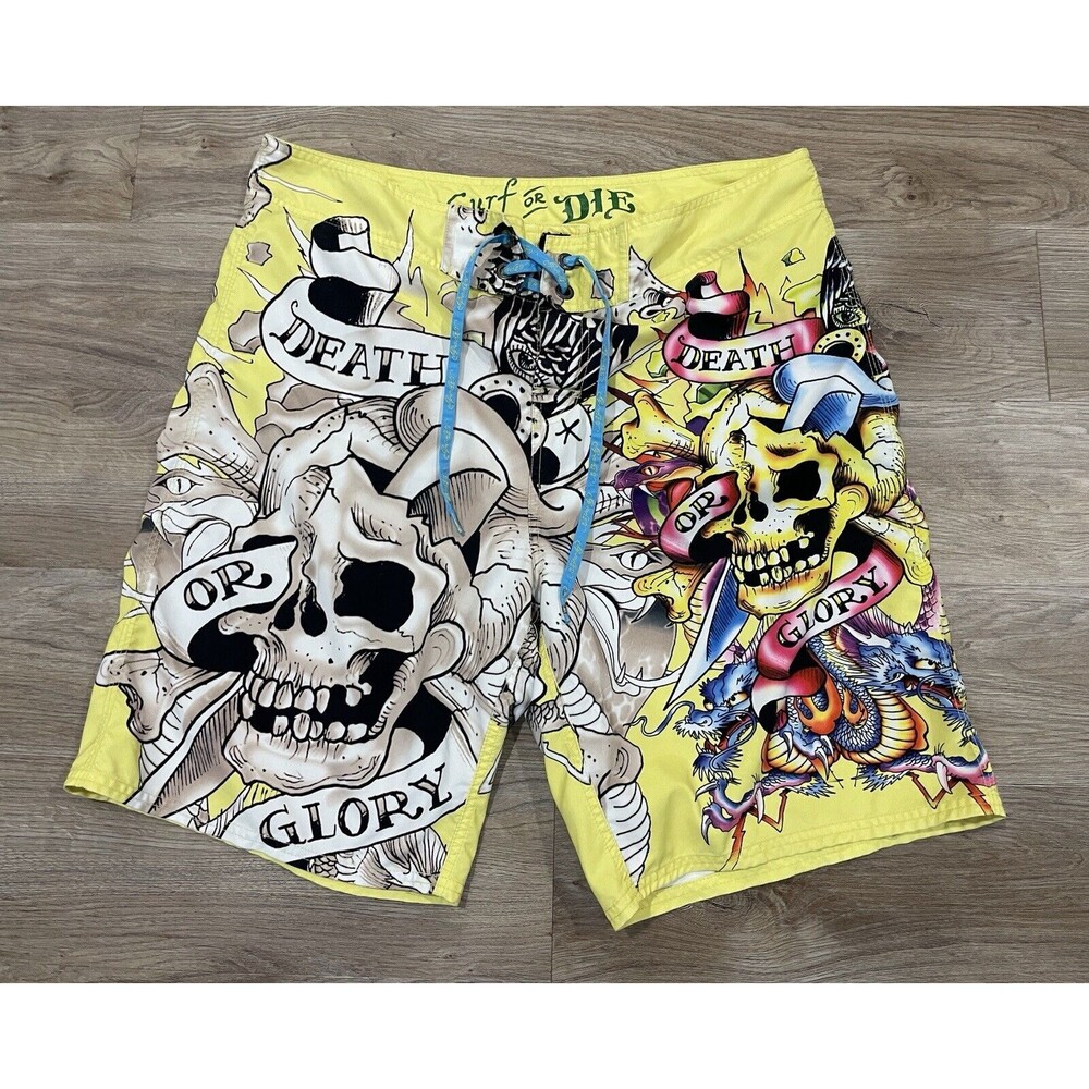 Ed Hardy Board Shorts Swim Trunk Men's 38 Surf Or Die Skull Death Or Glory Y2K
